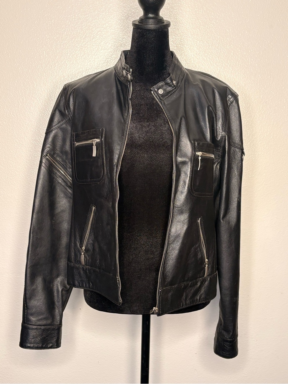 Clio Black Leather Moto Jacket with Zip Pockets